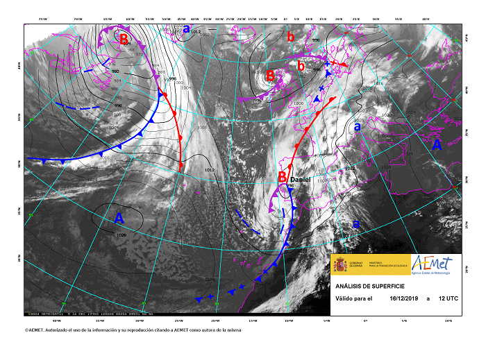 La borrasca Daniel el día 16 de diciembre a las 12 UTC, reflejada en el Análisis de Superficie de AEMET