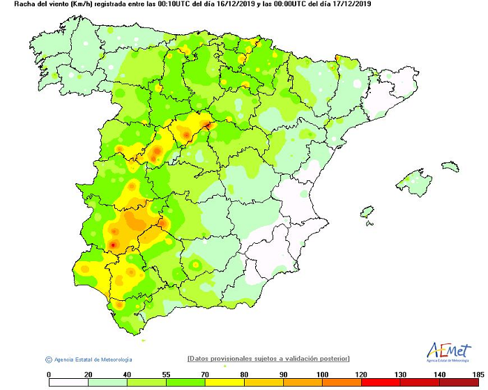 Rachas máximas de viento registradas durante el día 16 de diciembre