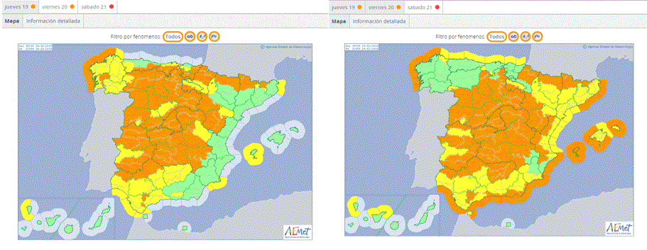 Avisos en vigor el día 19 para los días 19 y 20 por viento (la mayor parte), lluvias y fenómenos costeros