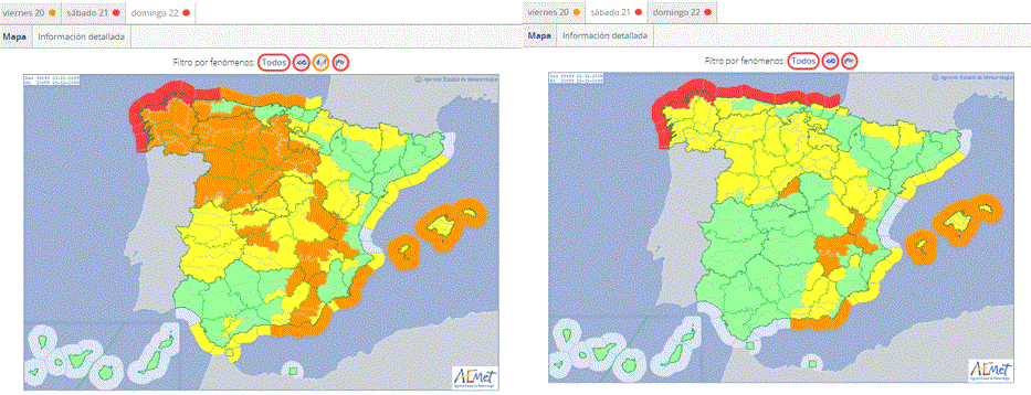 Avisos en vigor el día 20 para los días 21 y 22 por viento (la mayor parte), fenómenos costeros y lluvia