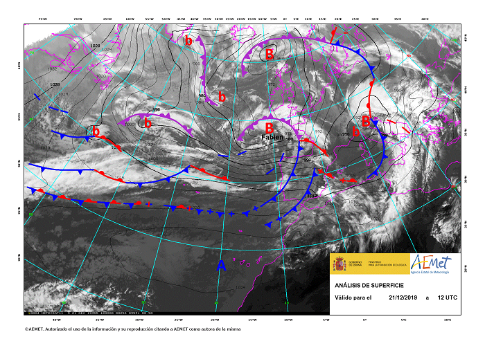 La borrasca Fabien el día 21 de diciembre a las 12 UTC