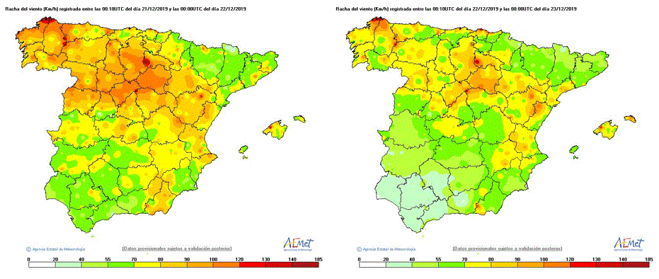 Rachas máximas registradas los días 21 y 22 de diciembre