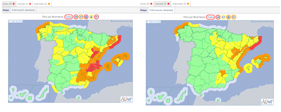 Avisos en vigor el día 20 para los días 20 y 21 por viento, fenómenos costeros, nieve, lluvia y temperaturas mínimas