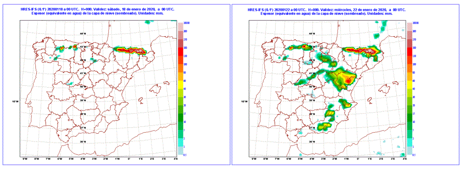 Cobertura de nieve en cm el día 18 a las 00 UTC (izquierda) y el 22 a las 00 UTC (derecha), según modelo HRES-IFS del ECMWF