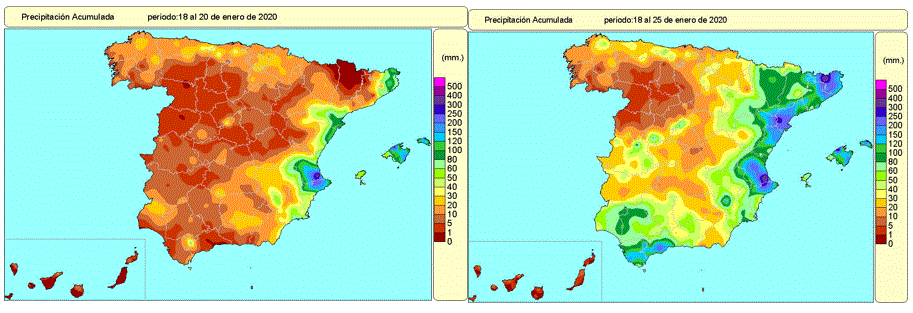 Precipitación acumulada entre los días 18 a 20 (izquierda), correspondiente a Gloria, y 18 a 25 (derecha), que abarca todo el temporal