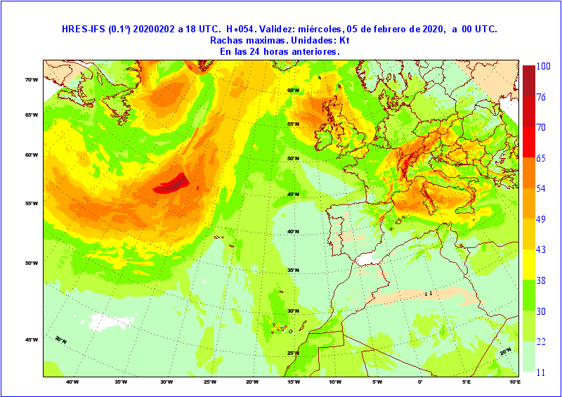 Racha máxima prevista por el modelo HRES-IFS del ECMWF para el 4 de febrero. Se observan valores máximos en Europa central, Córcega, Cerdeña y extremo sur de la península Itálica, mientras que en la Ibérica y en Baleares los valores no son especialmente destacados