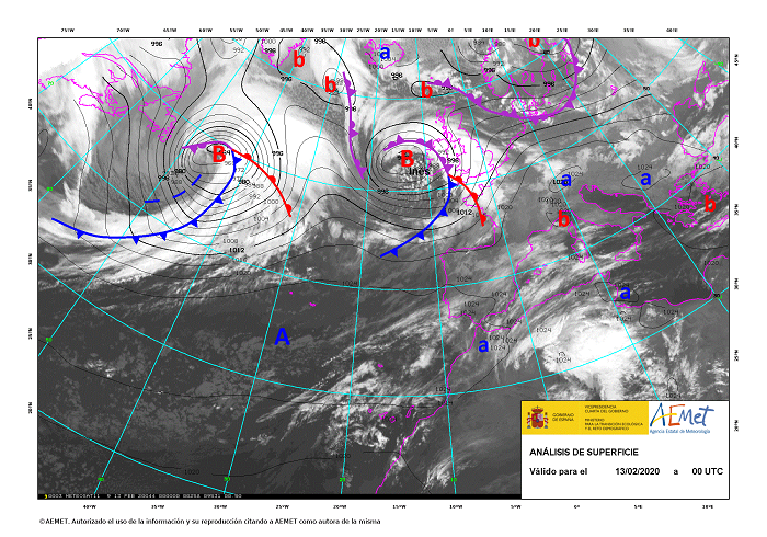 Borrasca Inés el día 13 de febrero a las 00 UTC