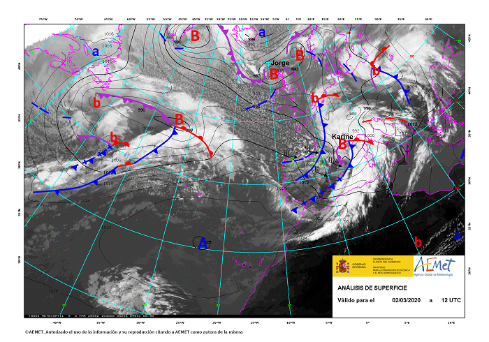 La borrasca Karine, centrada en el golfo de Leon, el día 2 de marzo a las 12 UTC (Análisis de superficie de AEMET)