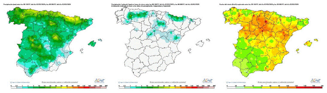 Precipitación, precipitación estimada en forma de nieve y racha máxima durante las 24 horas del día 2 de marzo