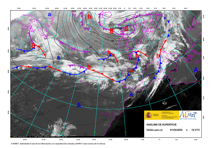 Análisis de superficie elaborado por AEMET el día 1 de marzo a las 12 UTC