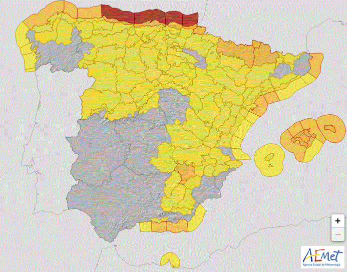 Avisos en vigor el día 3 de marzo. Los costeros llegaron al nivel rojo. También hubo de nivel naranja por viento y nevadas, estos últimos en Pirineos.