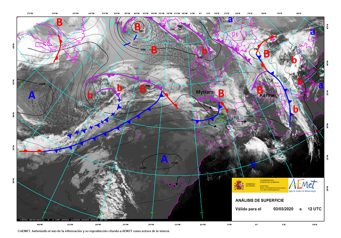 La borrasca Myriam a su paso por el Cantábrico, el día 3 de marzo a las 12 UTC (Análisis de superficie de AEMET)