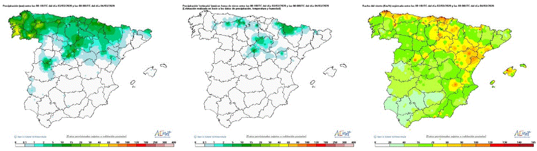 Precipitación, precipitación estimada en forma de nieve y racha máxima durante las 24 horas del día 3 de marzo