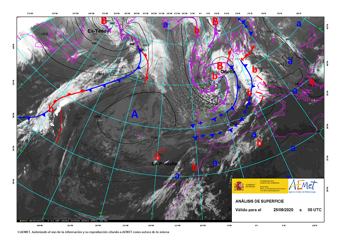 La borrasca Odette el día 25 de septiembre a las 00, según el Análisis de Superficie de AEMET