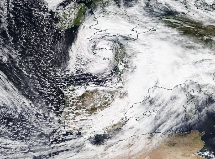 Borrasca Alex el viernes 2 a mediodía. Imagen del satélite Suomi-NPP (NASA) tomada de https://worldview.earthdata.nasa.gov/