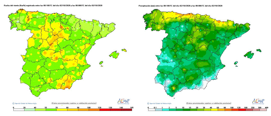 Precipitación acumulada y racha máxima de viento durante el 2 de octubre