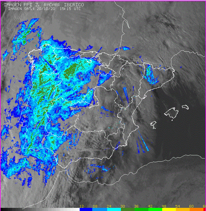 Composición nacional radar ibérico, que combina los radares de España y Portugal, del día 20 a las 15:00 UTC