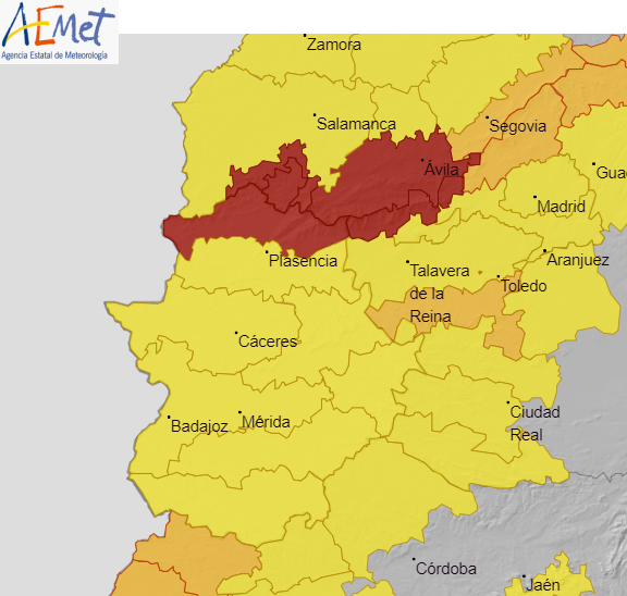 Avisos de nivel rojo por precipitación superior a 120 mm en 12 horas en el sistema Central