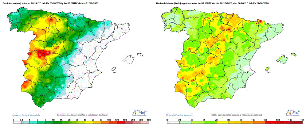 Precipitación entre las 00 UTC del día 20 y la misma hora del 21 (izq.) y rachas máximas entre las 06 UTC del 20 y misma hora del 21 (dcha.)