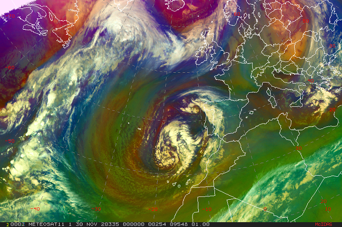 Borrasca Clement a las 00 UTC del 30 de noviembre, momento de su mayor actividad