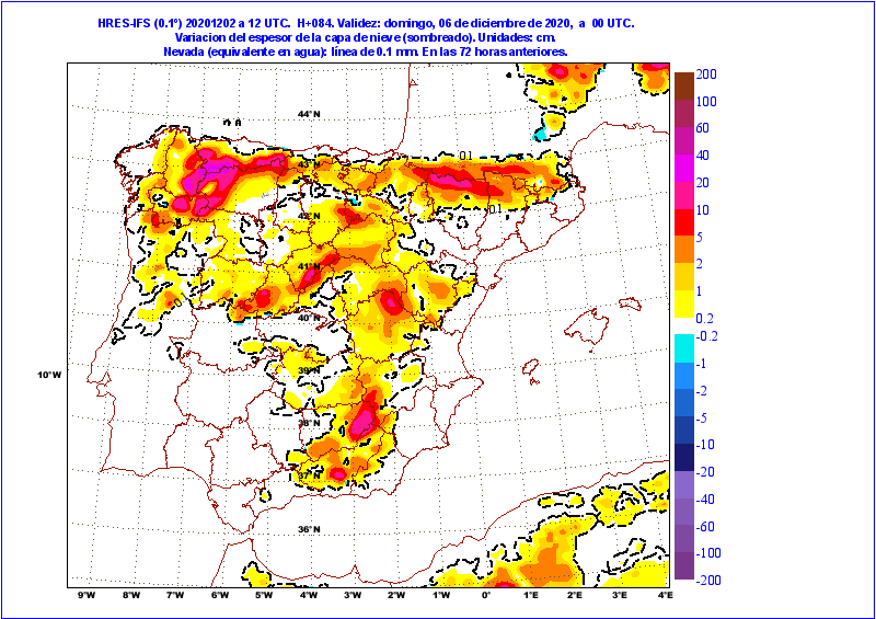 Variación del espesor de la capa de nieve (en mm equivalentes de agua) durante los días 3, 4 y 5, según modelo HRES-IFS del ECMWF