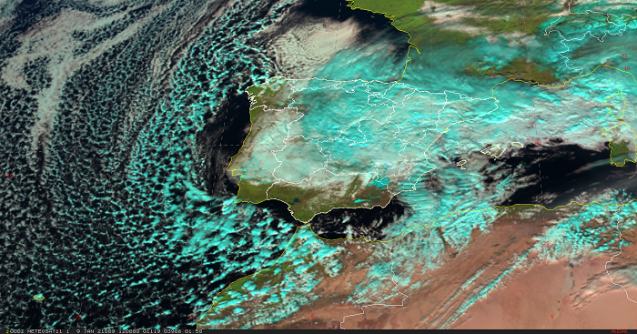 La borrasca FIlomena, centrada en el sur peninsular el día 9 a las 12 UTC, muy activa en ese momento