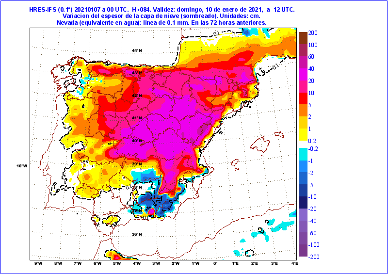 Variación del espesor de la capa de nieve en los tres días previos a las 00 UTC del 10 de enero, modelo HRES-IFS del ECMWF