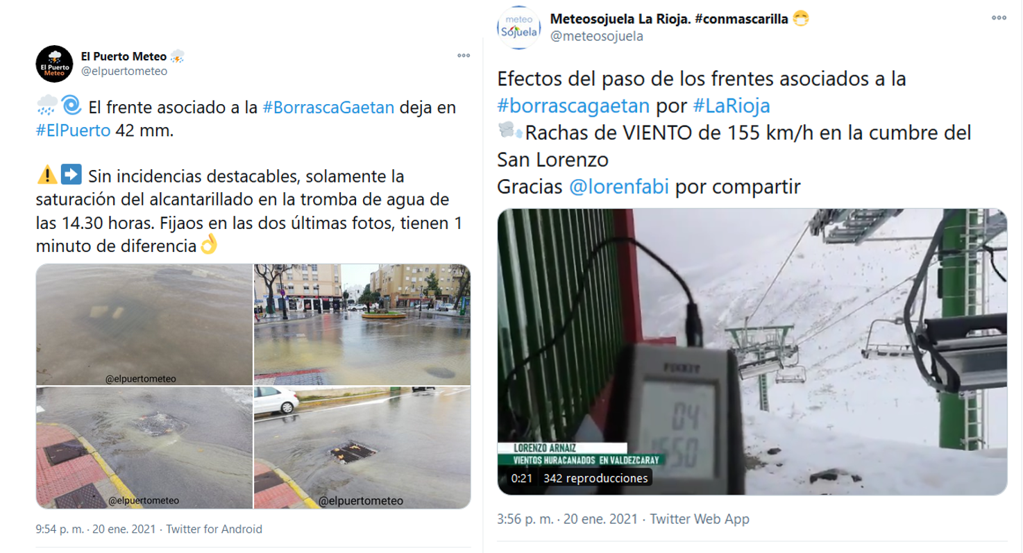 Algunos tuits recibidos en relación con la borrasca Gaetan