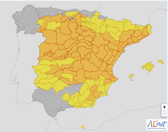 Avisos en vigor el día 22 a las 09:00 UTC por rachas de viento. A esa hora se habían extinguido los avisos de Galicia y Asturias, y los de Baleares aún no se habían subido a nivel naranja