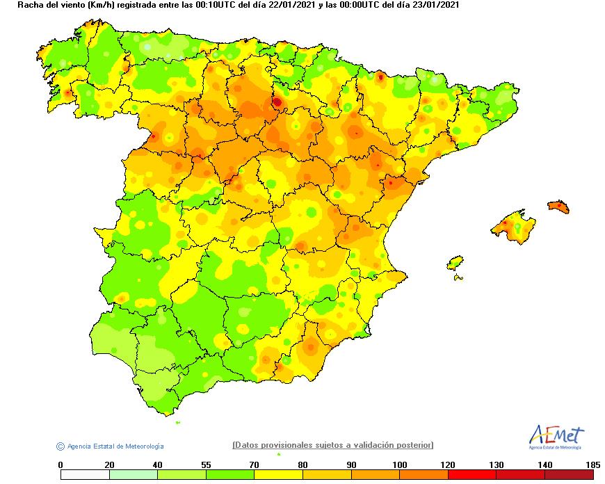 Racha máxima (km/h) registrada entre las 00 y las 24 UTC del día 22