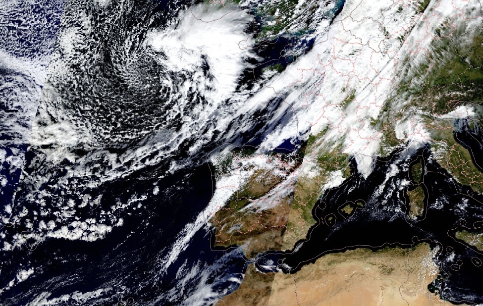 Borrasca Aurore el miércoles 20 de octubre. Imagen del sensor MODIS a bordo del satélite Terra (NASA) tomada de Sentinel Hub EO Browser (https://apps.sentinel-hub.com/)