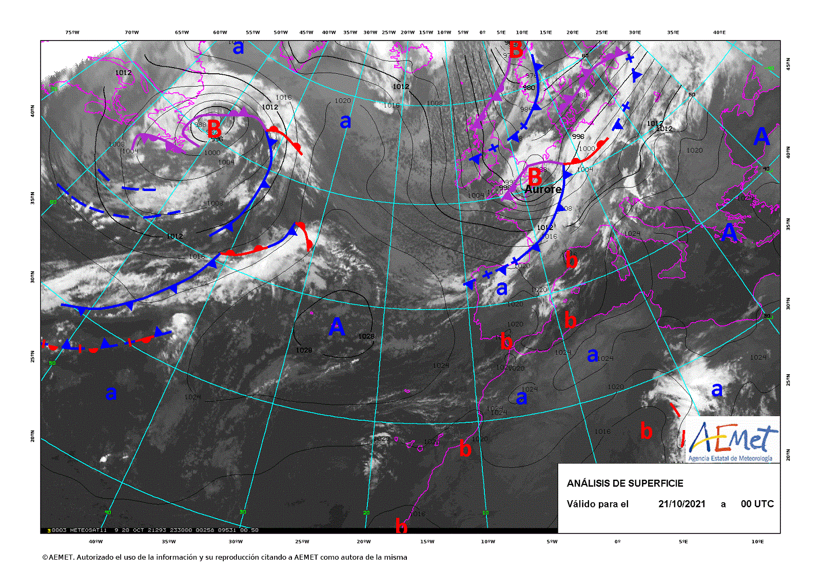 Borrasca Aurore el día 21 de abril a las 00 UTC, según los análisis de AEMET