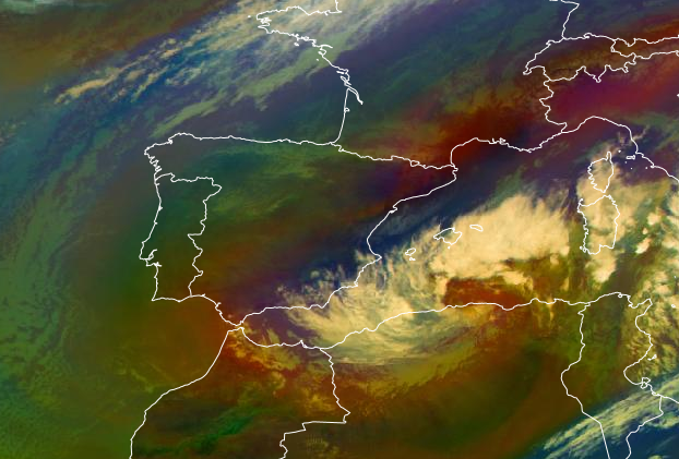 La borrasca Blas formándose al sur de Baleares a las 13 UTC del día 6 de noviembre (imagen RGB de masas de aire del satélite Meteosat)