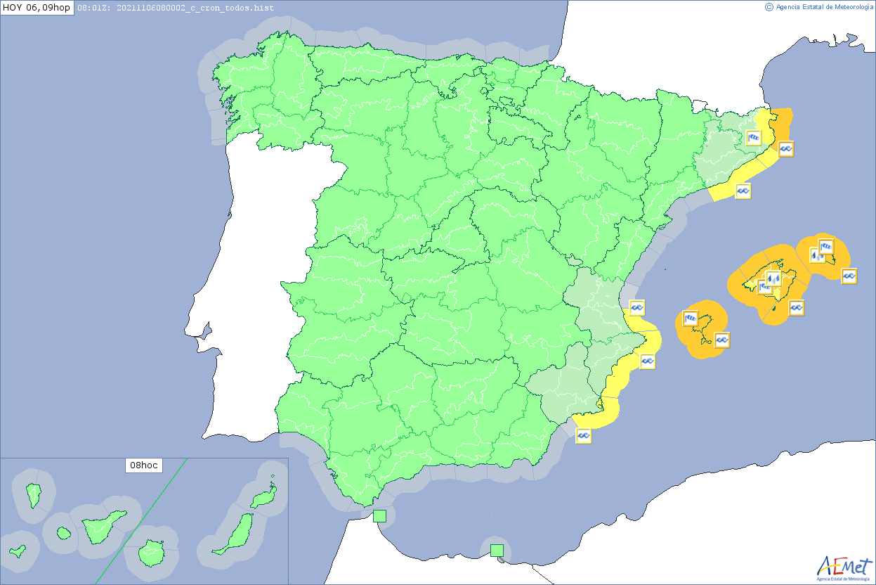 Avisos emitidos por AEMET vigentes el día 6 a las 09 h.o.