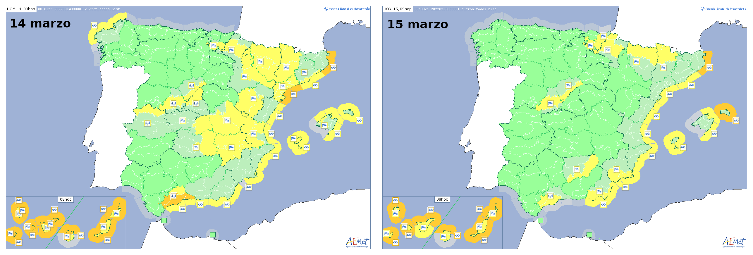 Avisos emitidos los días 14 y 15 de marzo de 2022