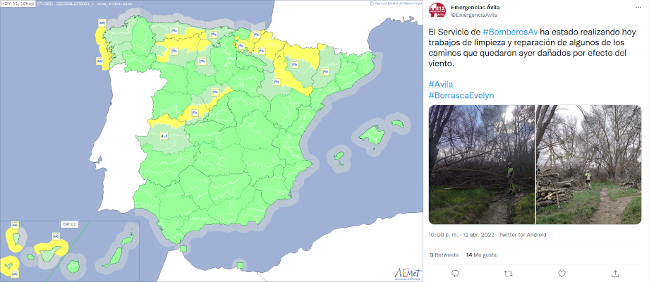 Avisos emitidos el día 11 de abril de 2022 y tuit referente a los fuertes vientos que se produjeron en puntos altos del centro peninsular