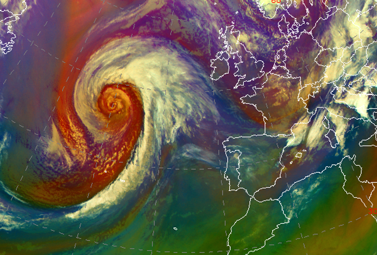 Borrasca Evelyn sobre el atlántico norte el día 9 de abril a las 6 UTC (imagen RGB de masas de aire del satélite Meteosat)