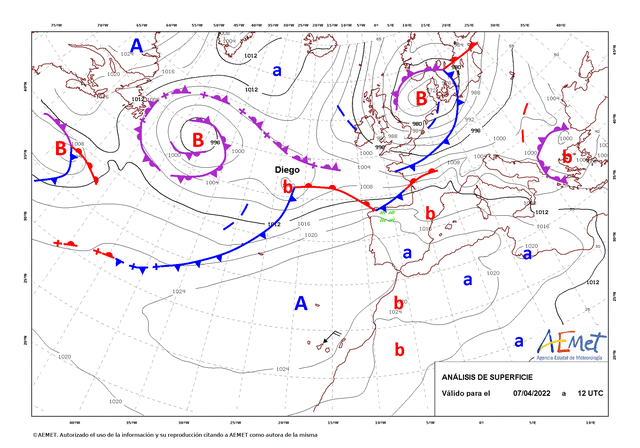 Guías de diagnóstico de niveles bajos de las 12 UTC entre los días 7 y 12 de abril donde se observa la trayectoria que siguió la borrasca por el atlántico norte