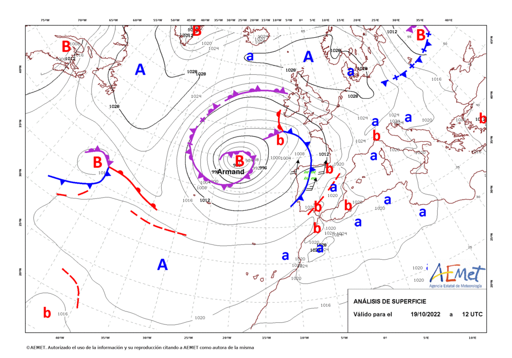 Análisis de superficie de las 12 UTC entre los días 19 y 21 de octubre donde se observa la trayectoria que siguió la borrasca por el Atlántico Norte.
