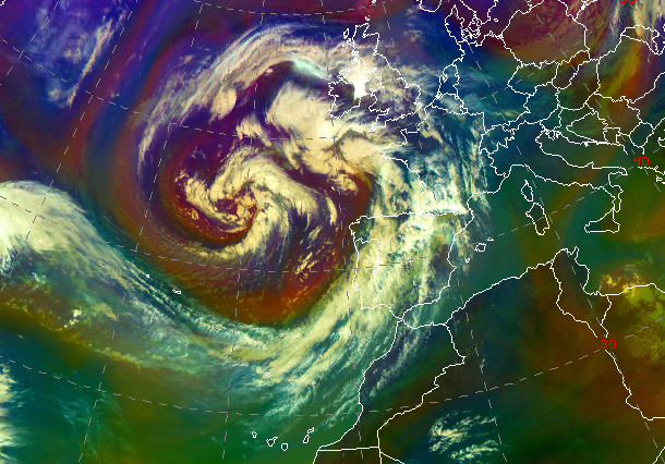 Borrasca Armand sobre el atlántico norte el día 19 de octubre a las 12 UTC (imagen RGB de masas de aire del satélite Meteosat).