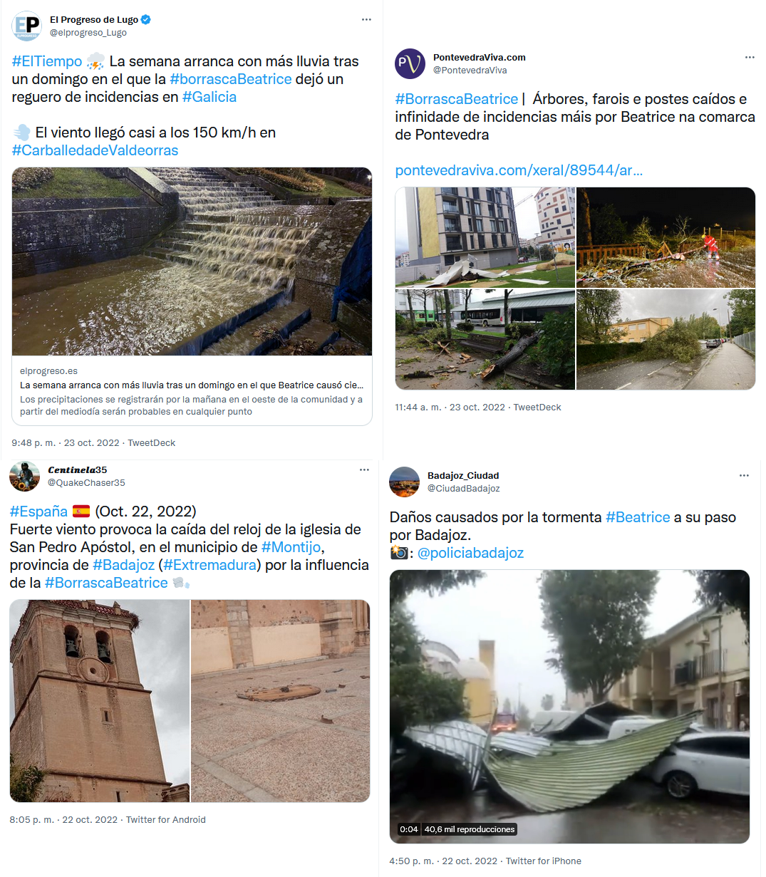 Tweets con algunos de los impactos ocasionados por la borrasca Béatrice.