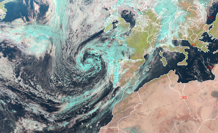 Borrasca Beatrice sobre el atlántico norte el día 22 de octubre a las 12 UTC (imagen RGB natural del satélite Meteosat)