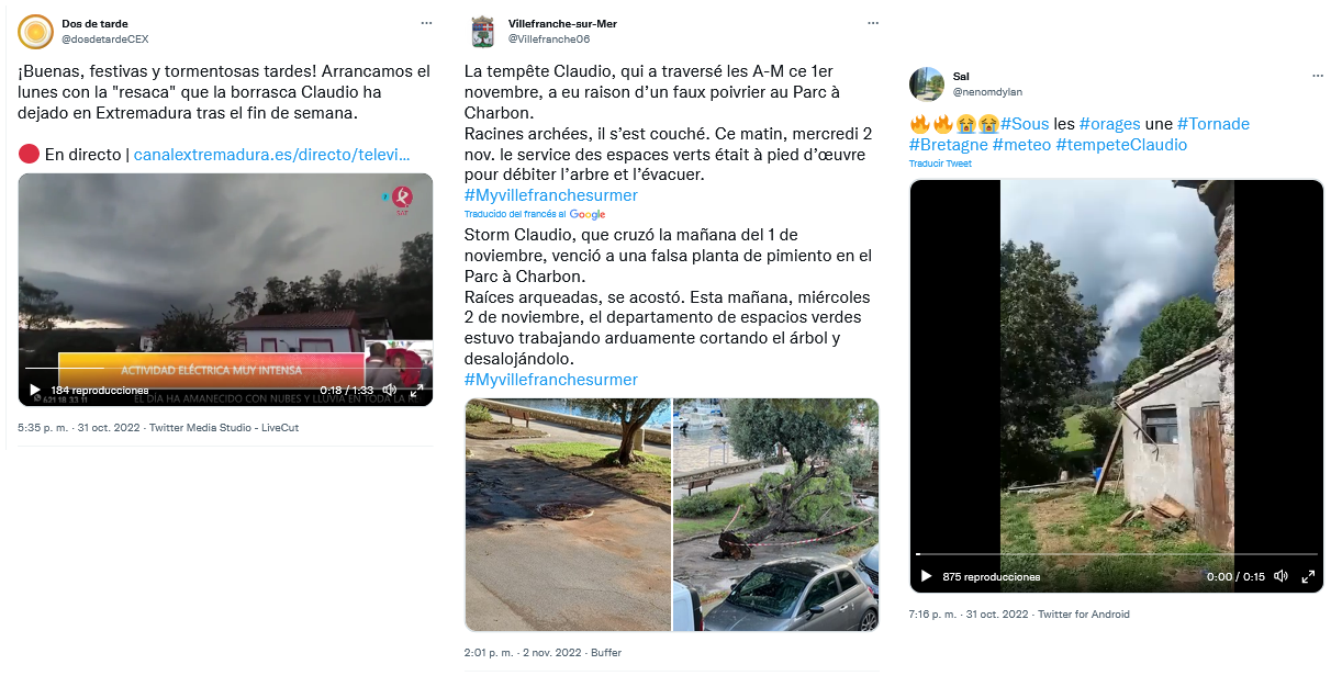 Tweets con algunos de los impactos ocasionados por la borrasca Claudio