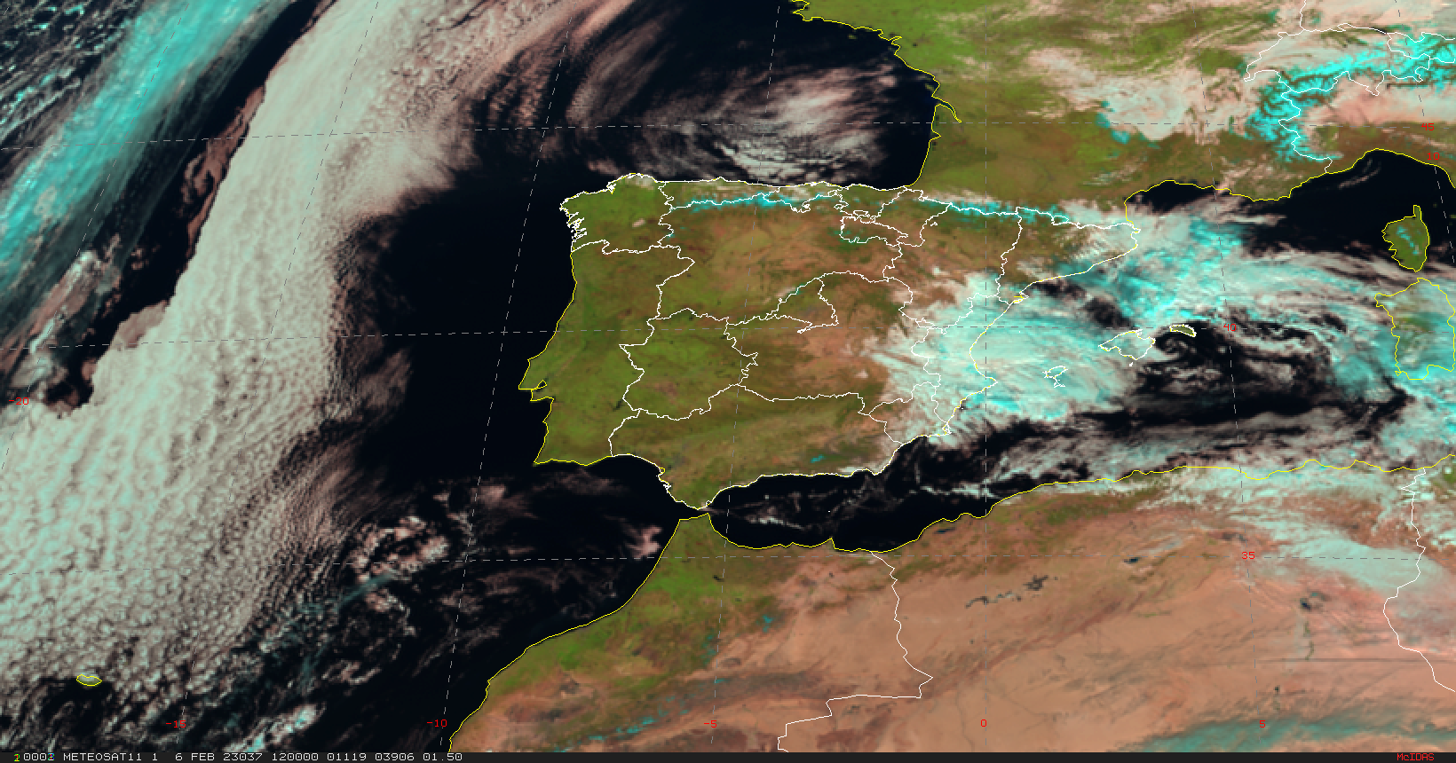 Borrasca Isaack en el entorno de las Baleares formándose el día 6 de febrero de 2023 a las 12 UTC. (imagen RGB natural del satélite Meteosat).