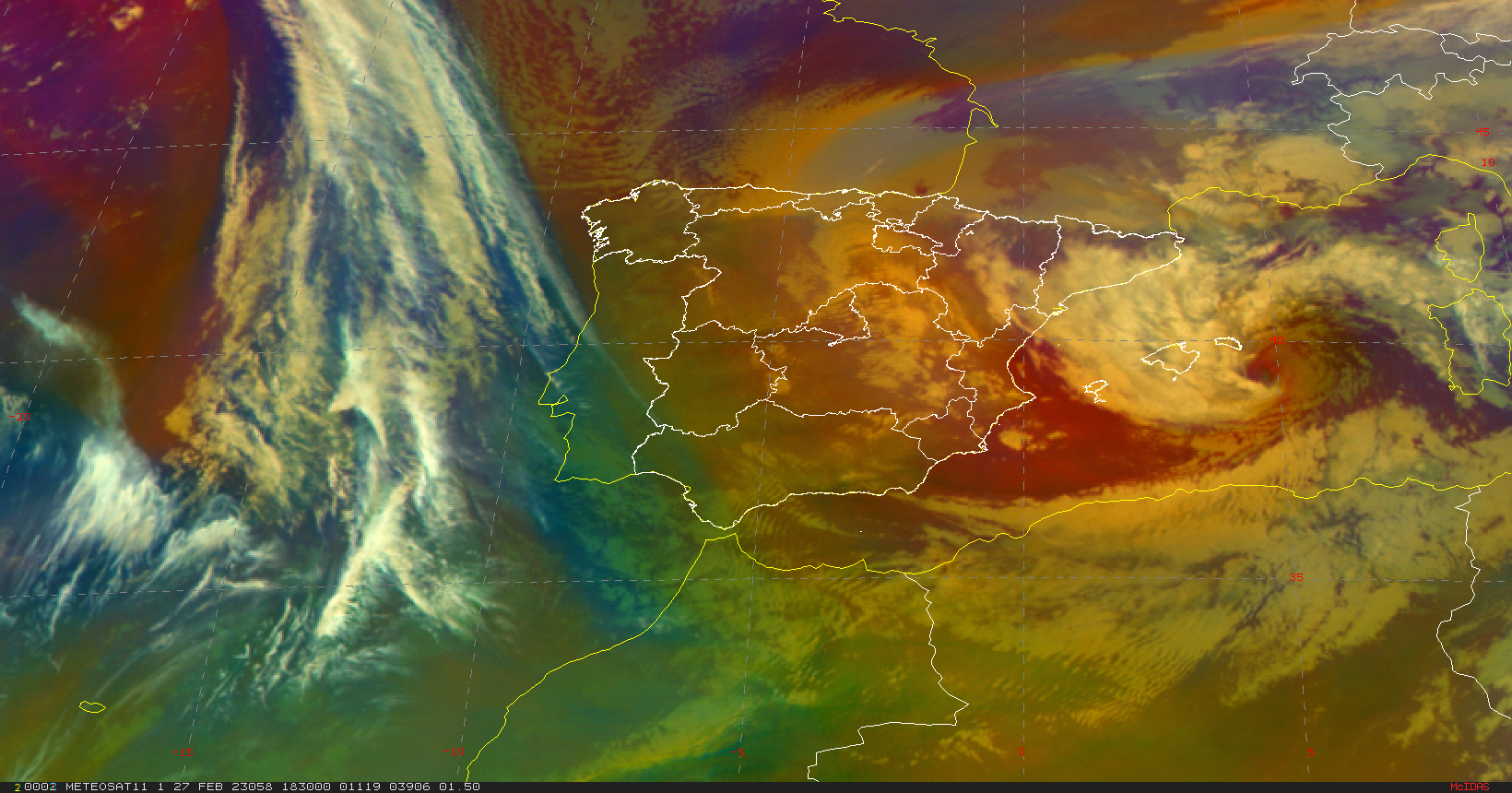 Borrasca Juliette al este de las Baleares a las 18 UTC del día 27 de febrero de 2023. (imagen RGB de masa de aire del satélite Meteosat).