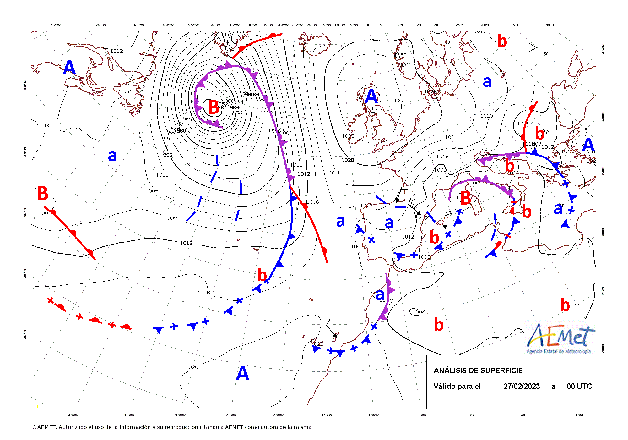 Análisis de superficie cada 12 horas entre los días 27 de febrero y 1 de marzo de 2023. En ella se puede ver la coexistencia de dos grandes borrascas, Kamiel en el Atlántico y Juliette en el Mediterráneo occidental.
