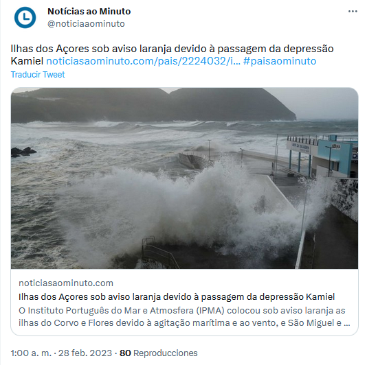 Tweet donde se aprecia el mal estado de la mar sobre las Azores.