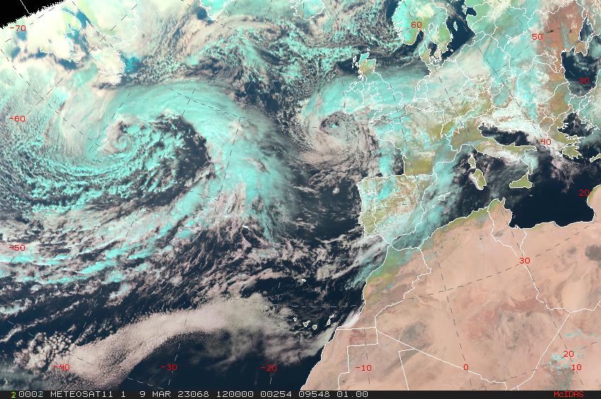 Borrasca Larisa con centro localizado al suroeste de Irlanda el día 9 de marzo a las 12 UTC. (imagen RGB narutal del satélite Meteosat).