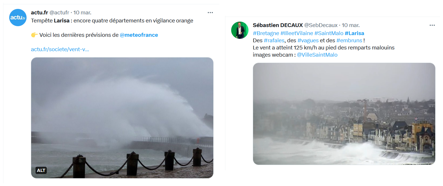 Tweets con algunos ejemplos de los efectos de la borrasca sobre el litoral francés.