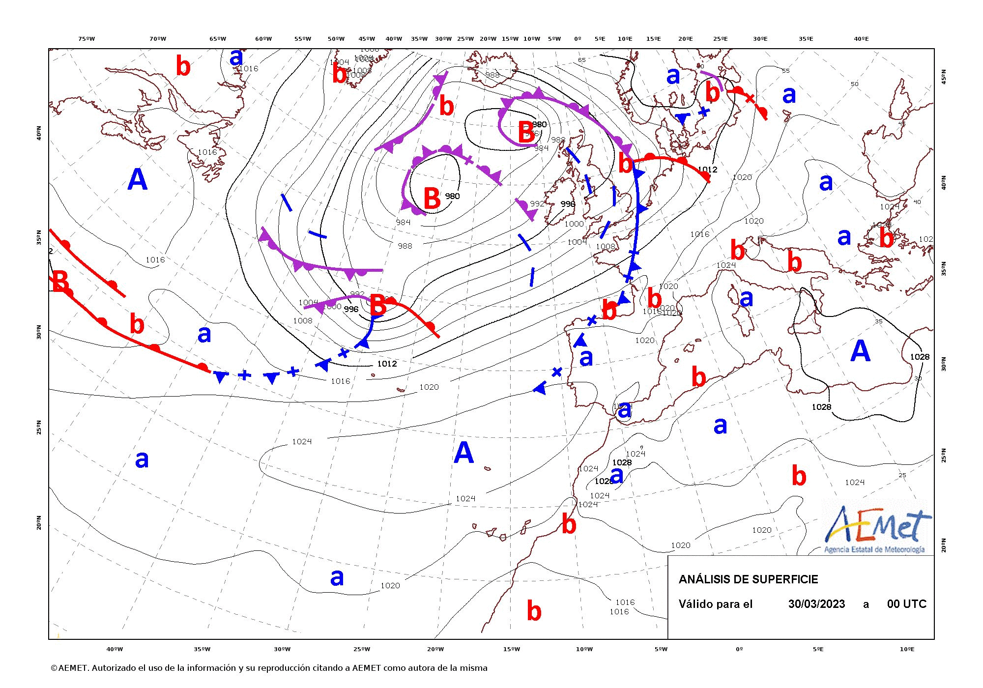 Análisis de superficie cada 12 horas entre las 00 UTC del día 30 y las 12 UTC del día 1 de abril. El ciclo de vida de la borrasca duró algo más de 48 horas desde su formación en el Atlántico hasta su desaparición en territorio alemán.